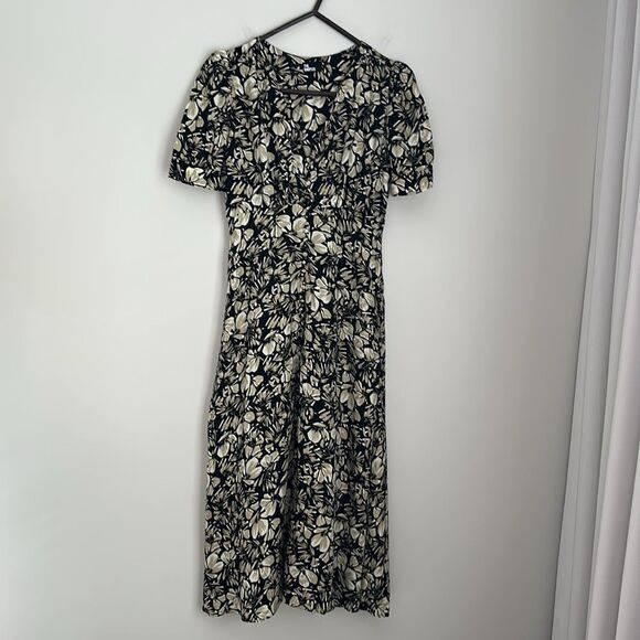 The Kooples Floral Twill Midi Dress Size 1 Black Beige Puff Sleeve Button Front - Picture 2 of 16